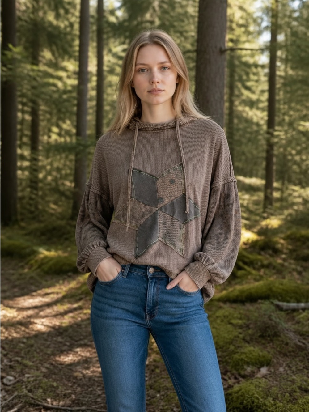 easel Brown Patchwork Star Hoodie